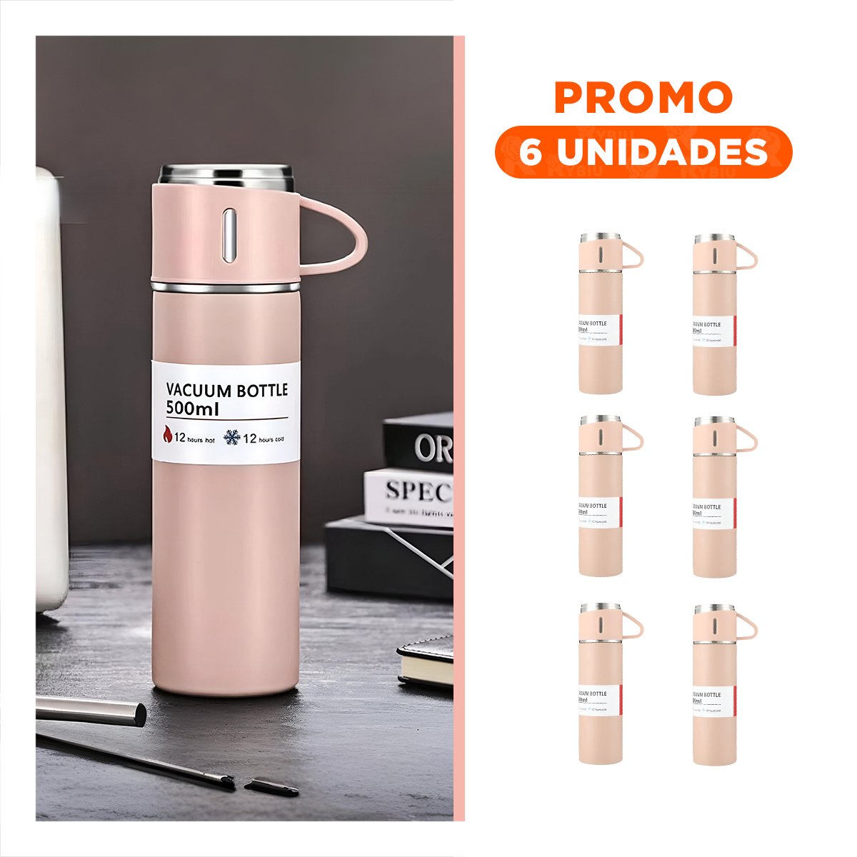PACK6 JARRA DE VIAJE INDIVIDUAL CON DOS TAZAS PARA TE ROSADO Y+REGALO STICKER - 1
