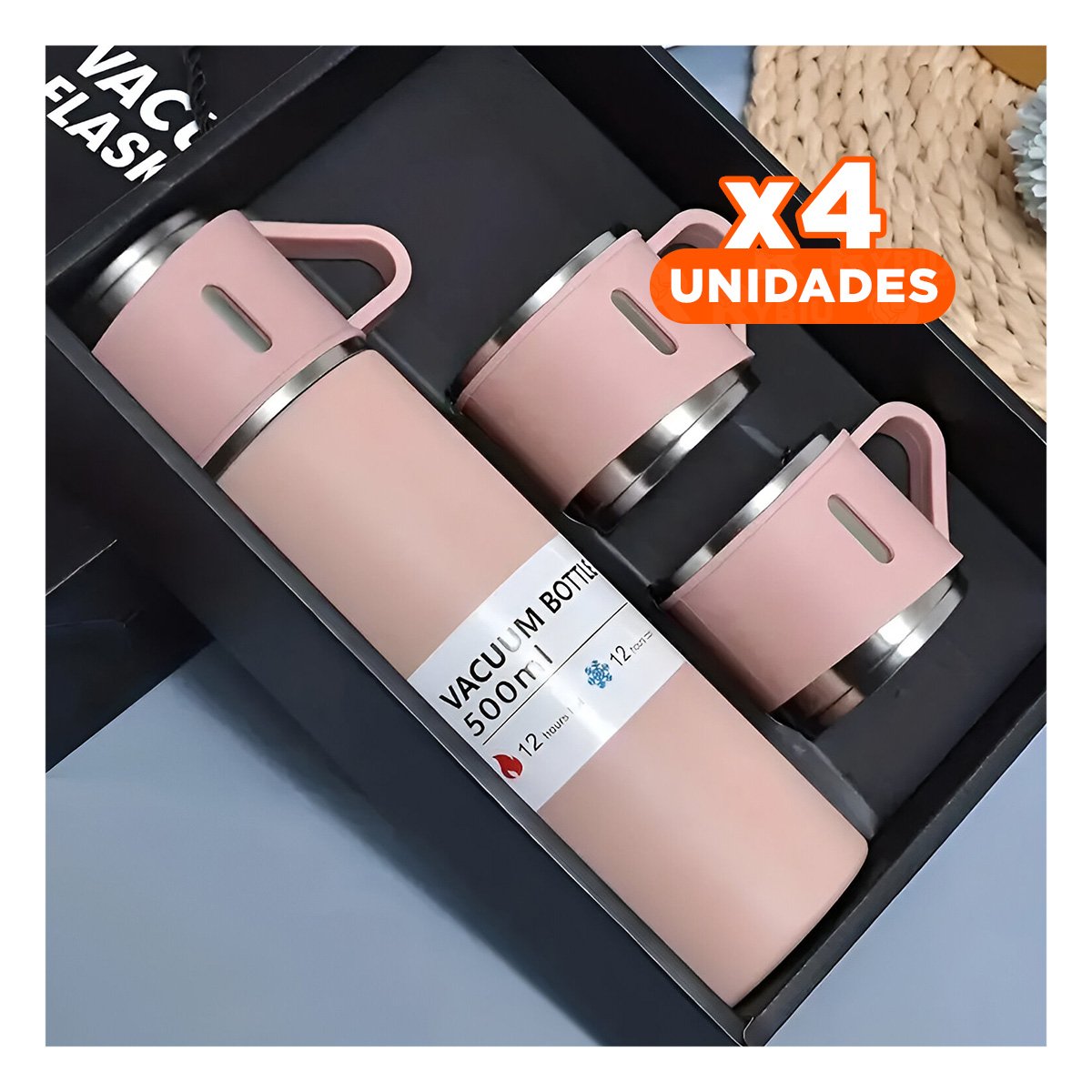 PACK4 VASO PORTATIL INDIVIDUAL CON DOS TAZAS PARA TRABAJO ROSADO Y+PAPEL REGALO - 1