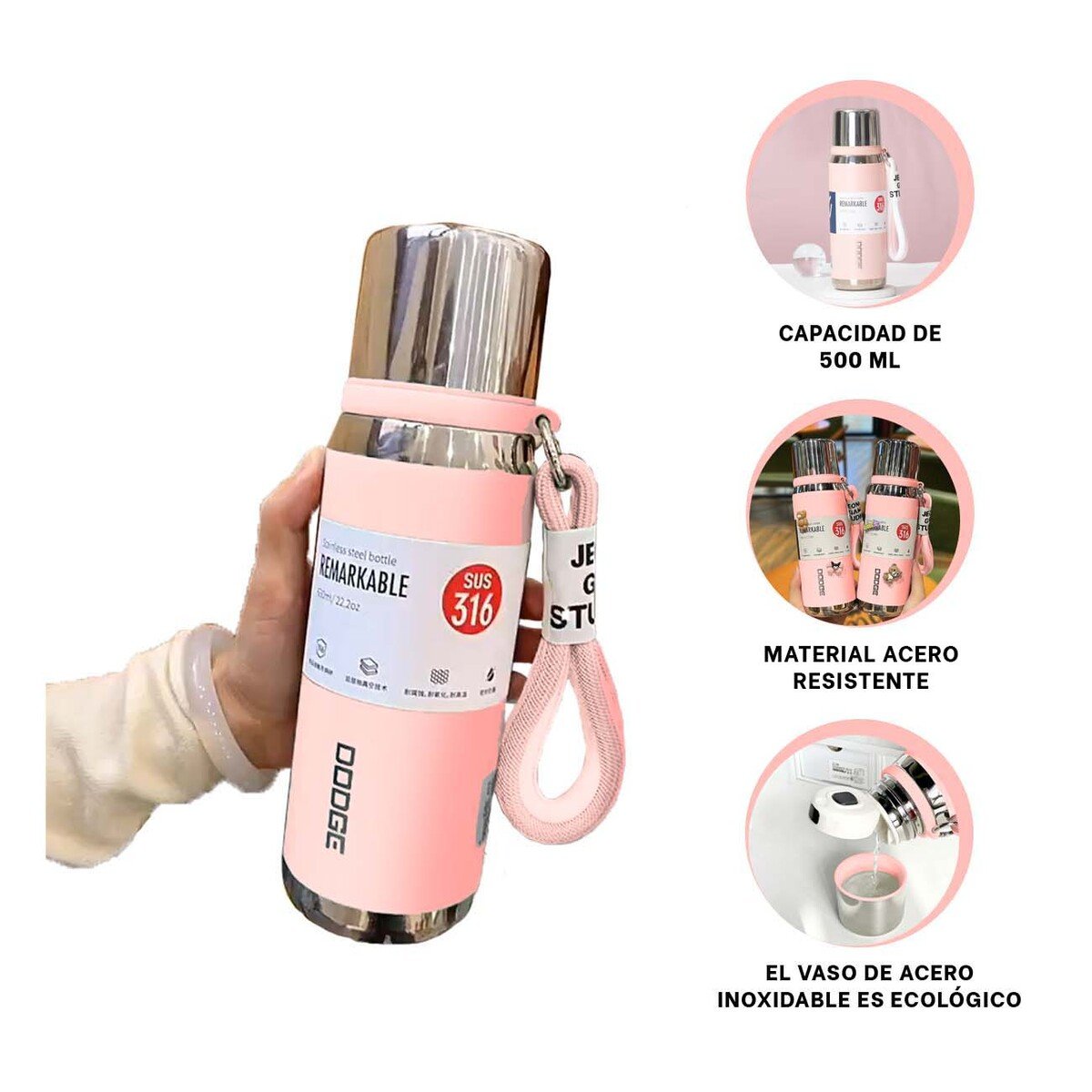 TERMO ROSADO 500ML PARA TRANSPORTE FÁCIL DE BEBIDAS CALIENTES Y FRÍAS Y+PAPEL REGALO - 5