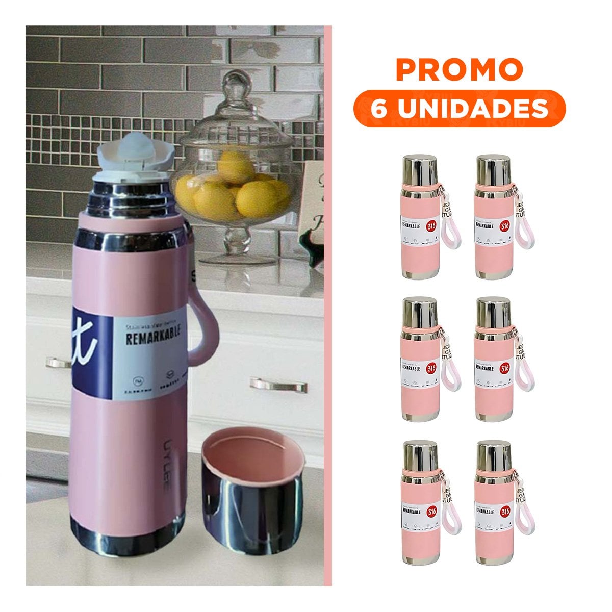 PACK6 FRASCO ROSADO 800ML CON TAPA SEGURA PARA CAFÉ TÉ Y BEBIDAS CALIENTES Y+REGALO STICKER - 1