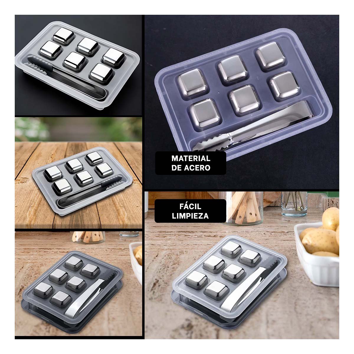 PACK2 CUBOS DE HIELO DE ACERO SET DE 6 CON PINZA PARA BEBIDAS FRIAS YPAPEL REGALO - 3