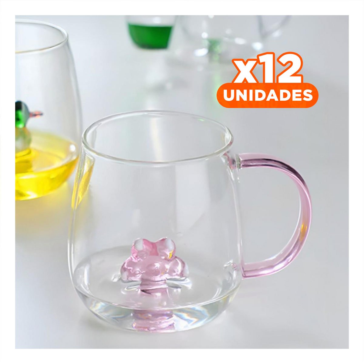 PACK12 VAJILLA MODERNA CON CUERPO CLARO Y ASA ROSADA 350 ML TRANSPARENTE Y+REGALO STICKER - 1