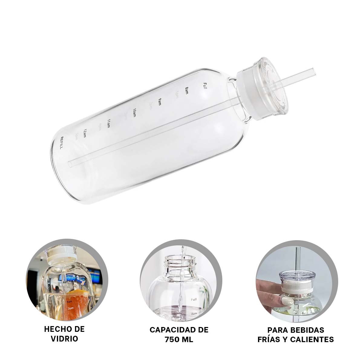 BOTELLA DE VIDRIO 750ML TRANSPARENTE PARA USO DIARIO Y PORTATIL YLIGAS REGALO - 5