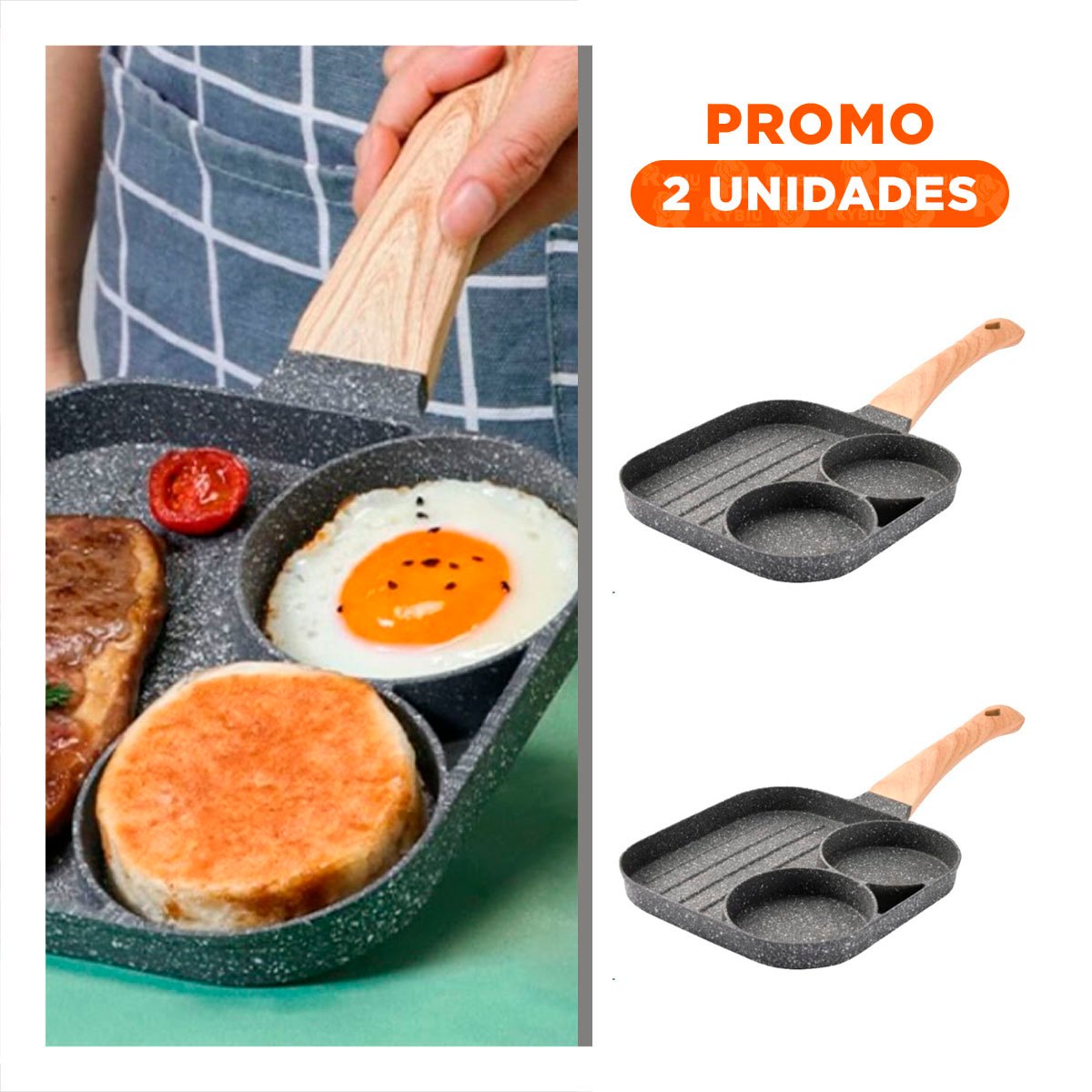 PACK2 ASADOR ANTIADHERENTE 3 DIVISIONES CON MANGO DE MADERA DURABLE YREGALO STICKER - 1