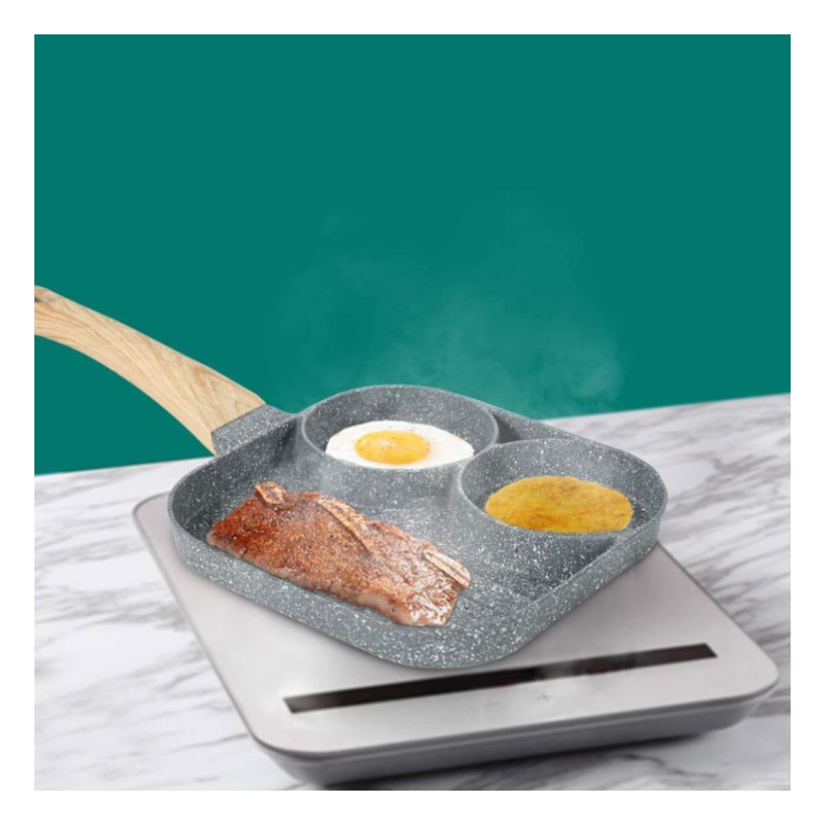 SARTEN ANTIADHERENTE 3 DIVISIONES PARA HOGAR CON MANGO DE MADERA SOLIDO YPOST IT - 5