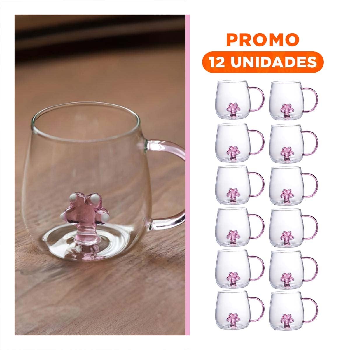 PACK12 ARTICULO PARA JUGOS Y TE CON ASA PRACTICA ROSADA TRANSPARENTE 350 ML - 1