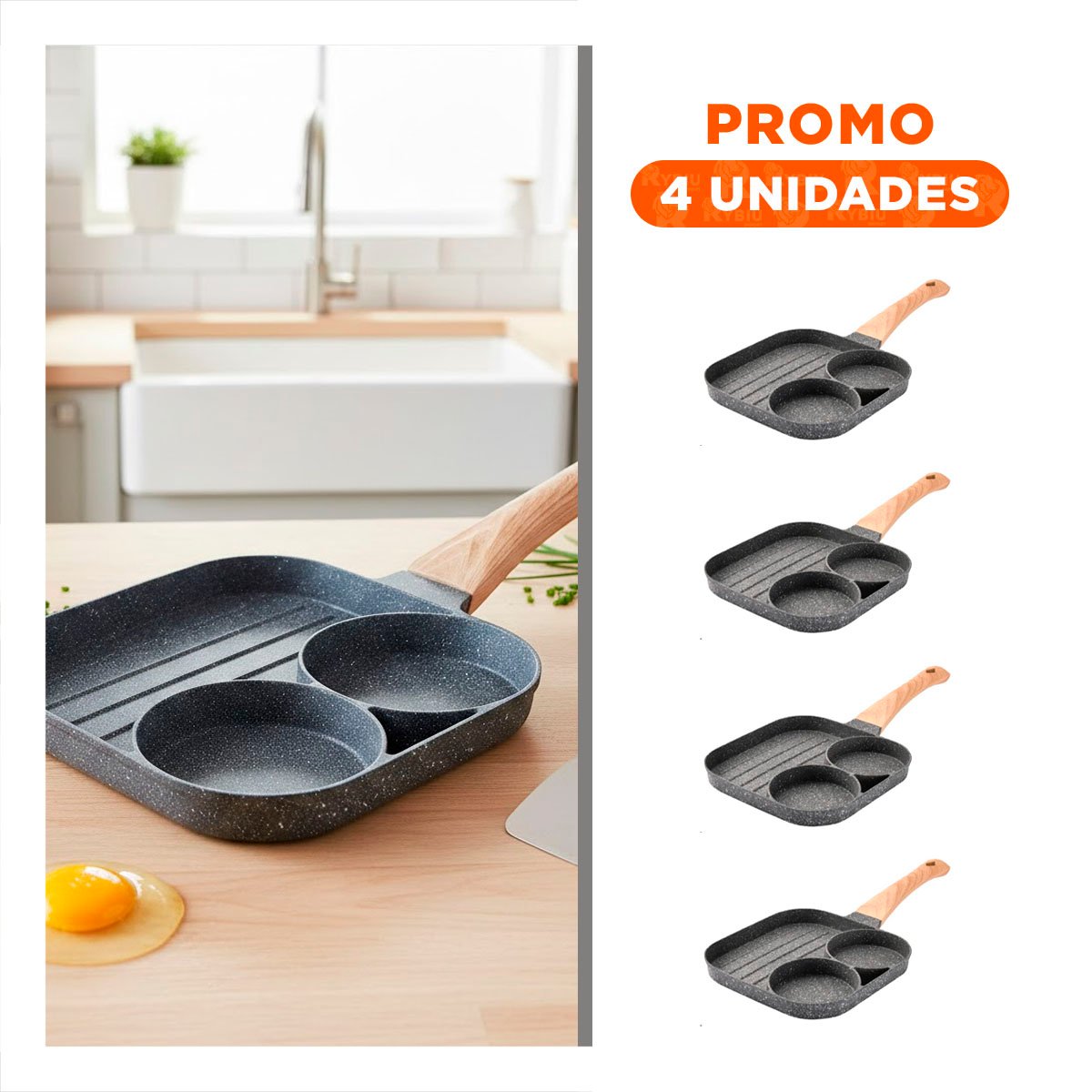 PACK4 ASADOR ANTIADHERENTE 3 DIVISIONES PARA PREPARACIONES MIXTAS CON MADERA - 1