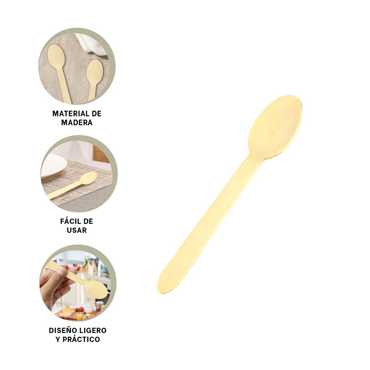 CUCHARAS DE MADERA 100 PZS CON ACABADO NATURAL PARA HOGAR Y EVENTOS YPAPEL REGALO - 5