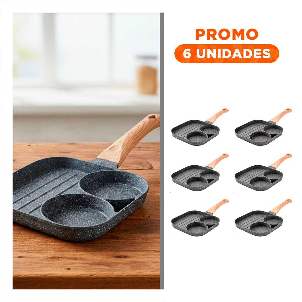PACK6 GRILL ANTIADHERENTE 3 DIVISIONES PARA COCINA DOMESTICA CON MADERA YREGALO STICKER - 1