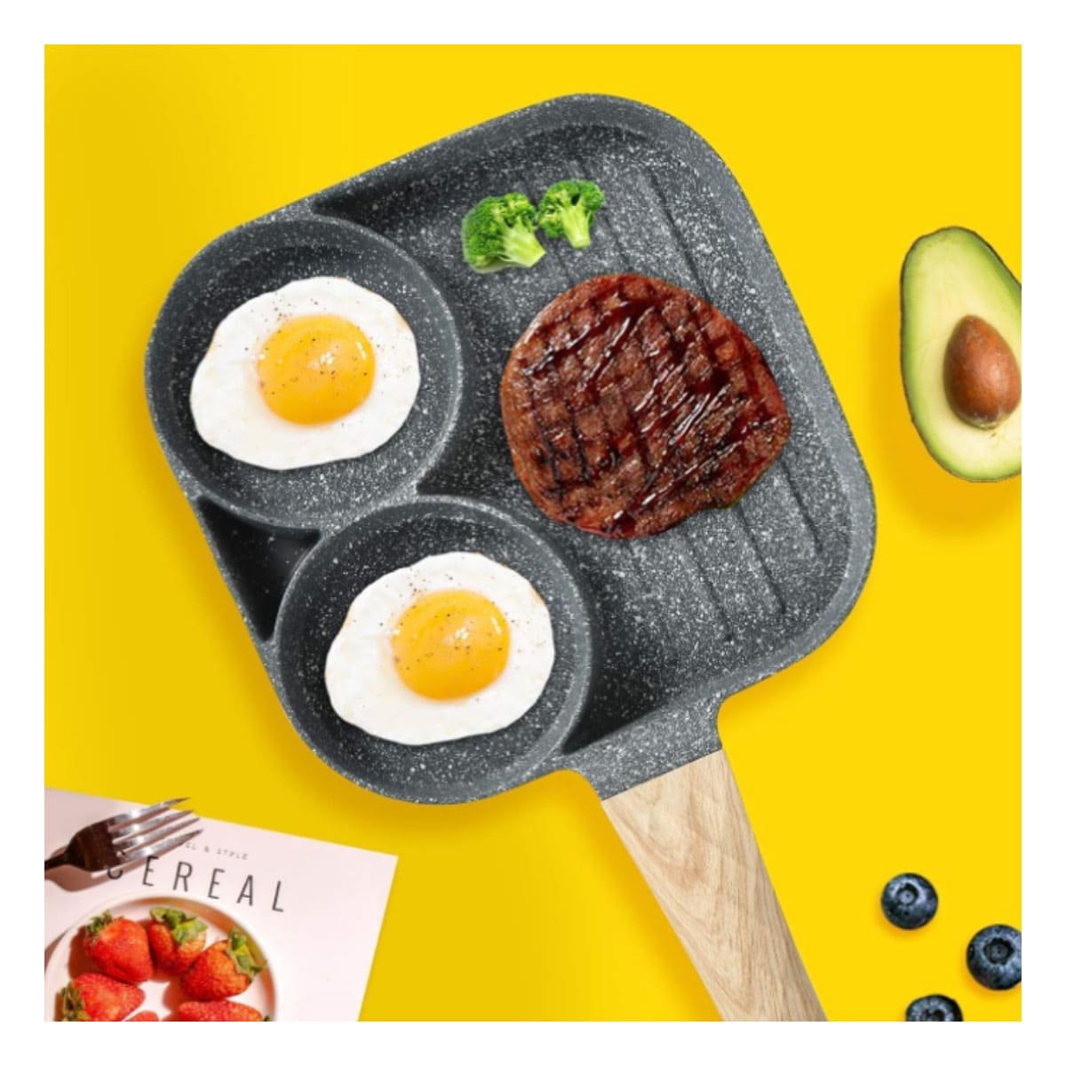 PACK6 GRILL ANTIADHERENTE 3 DIVISIONES PARA COCINA DOMESTICA CON MADERA YREGALO STICKER - 3