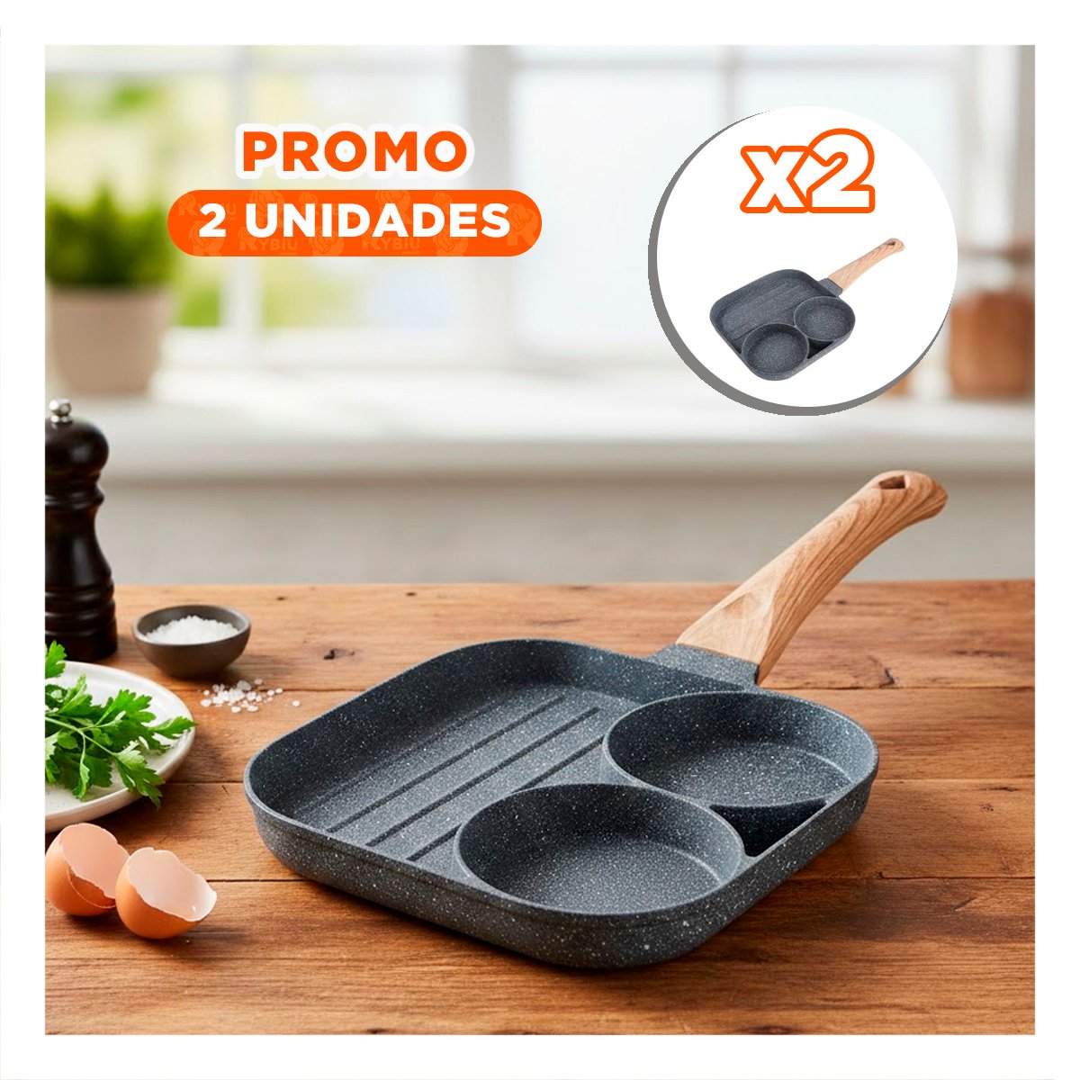 PACK2 ASADOR ANTIADHERENTE 3 DIVISIONES CON MANGO DE MADERA ANTICALOR - 1
