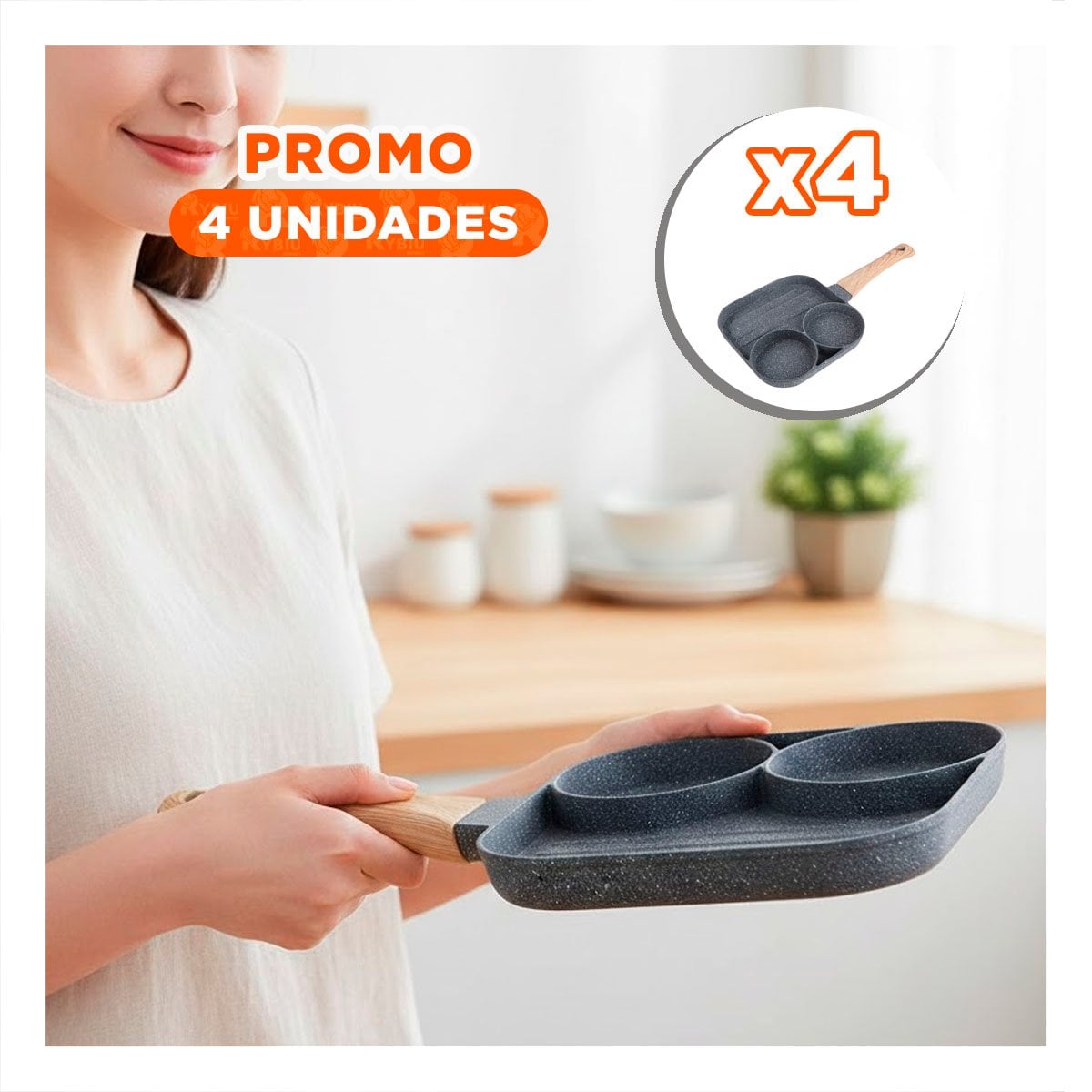 PACK4 GRILL ANTIADHERENTE 3 DIVISIONES CON MANGO DE MADERA ANTIDESLIZANTE YREGALO STICKER - 1