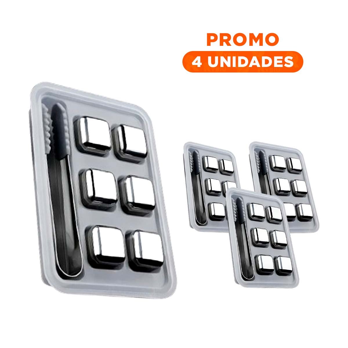 PACK4 CUBOS DE HIELO DE ACERO SET DE 6 CON PINZA Y ESTILO PLATEADO - 1