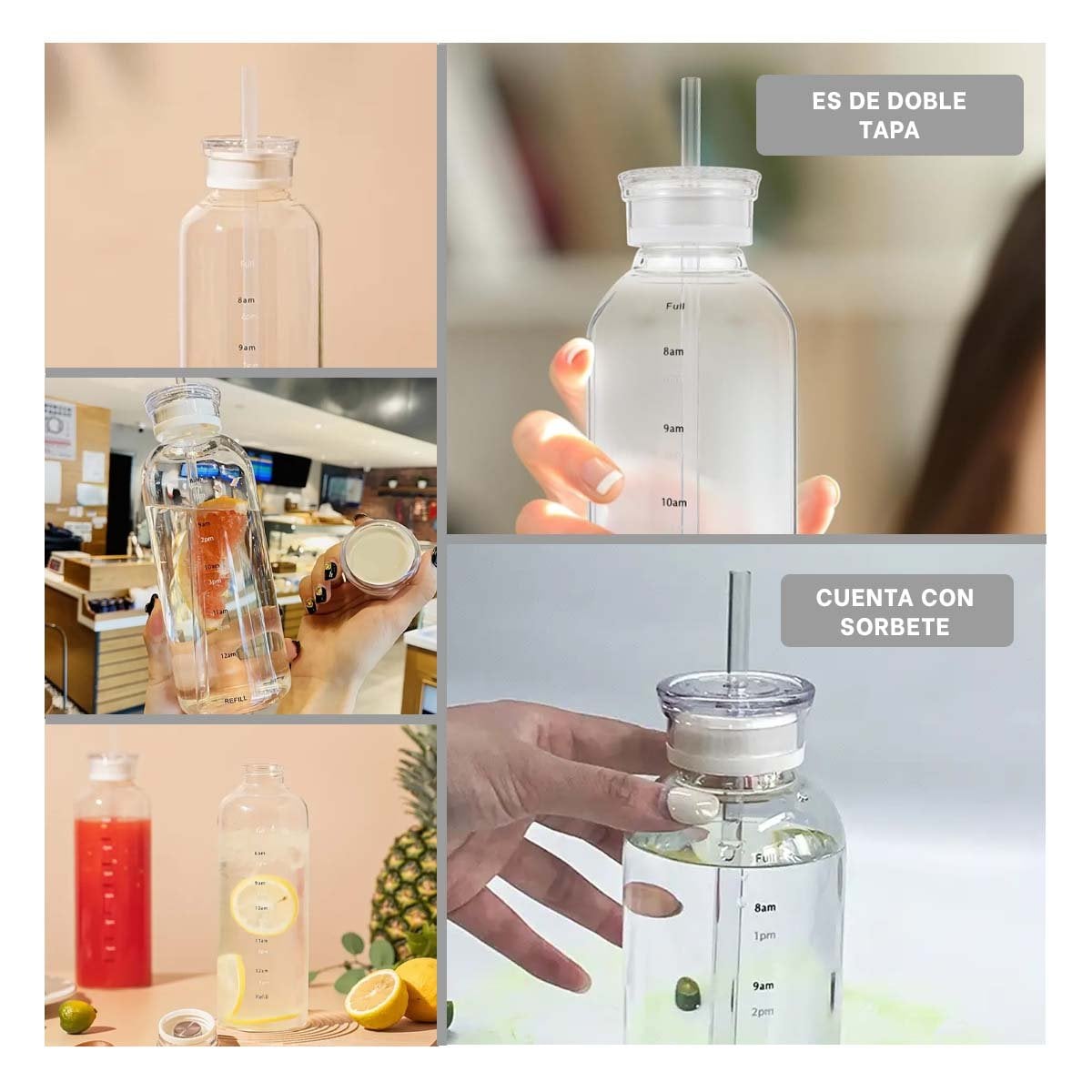BOTELLA DE VIDRIO 750ML TRANSPARENTE PARA AGUA Y JUGOS CON DOBLE TAPA YPAPEL REGALO - 3