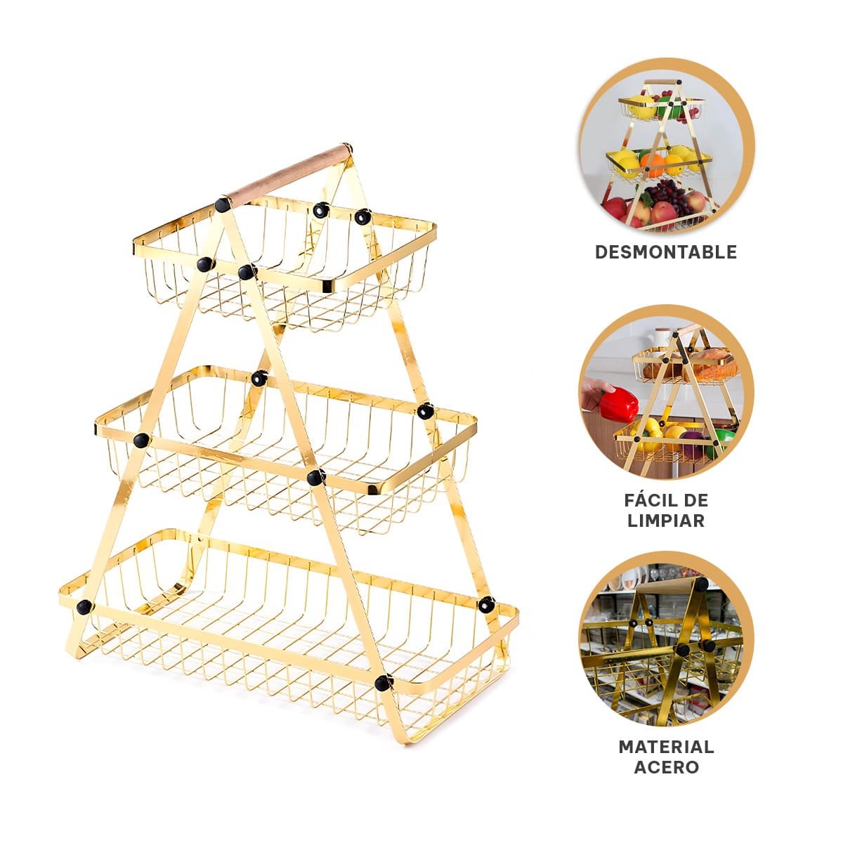 FRUTERO TRIANGULAR 3 NIVELES PARA FRUTAS Y SNACKS DORADO Y+POST IT - 5