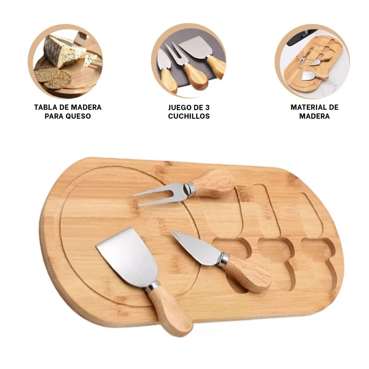 JUEGO DE COCINA CON 3 CUCHILLOS ESPECIALES PARA SERVIR QUESOS MADERA Y+PAPEL REGALO - 5