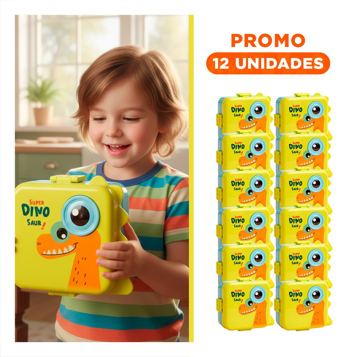 PACK12 RECIPIENTE CUADRADO CON DINOSAURIO PARA GUARDAR SOBRAS 1600ML VERDE Y CELESTE - 1