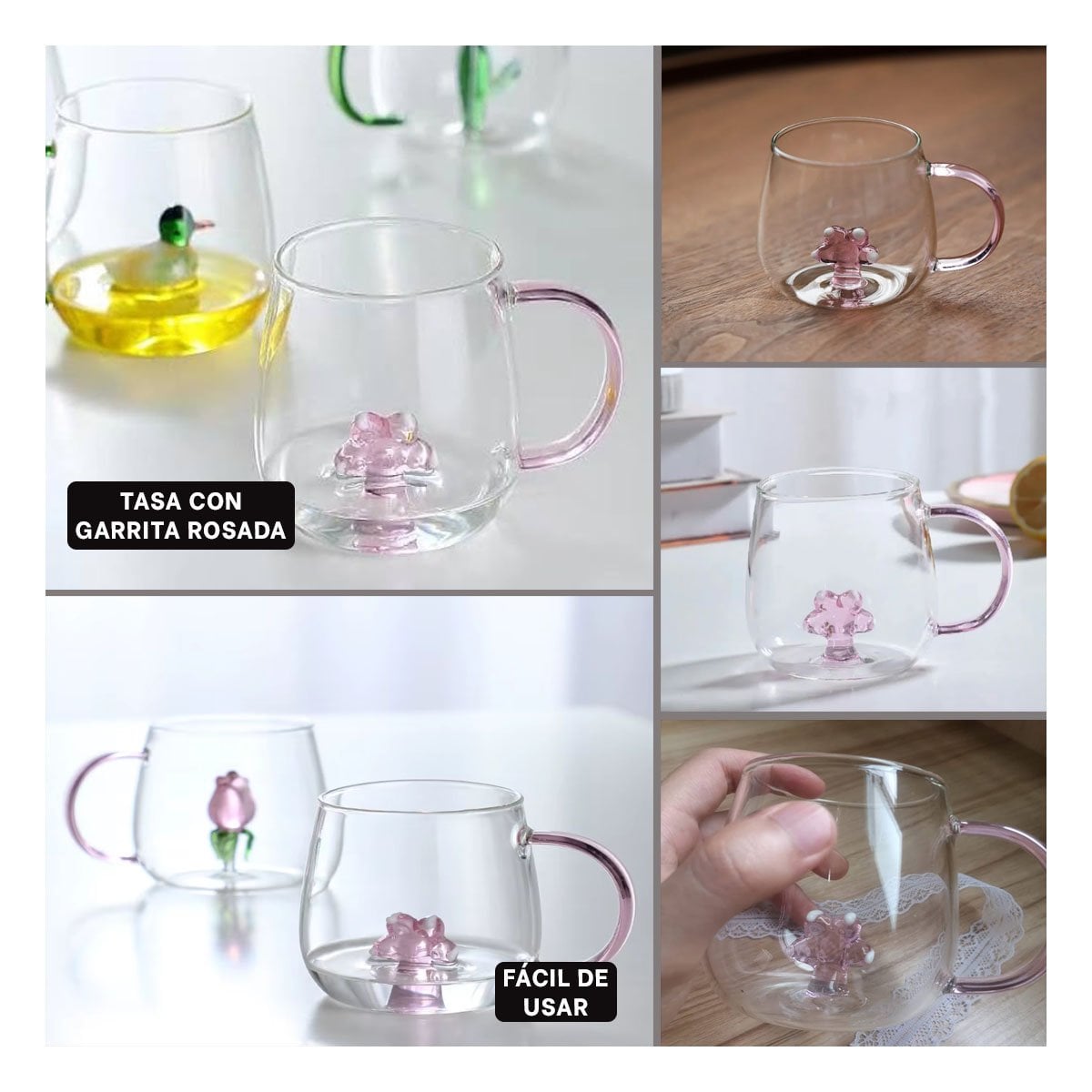TAZA PARA BEBIDAS CALIENTES CON ASA FACIL Y COMODA ROSADA TRANSPARENTE 350 ML - 2