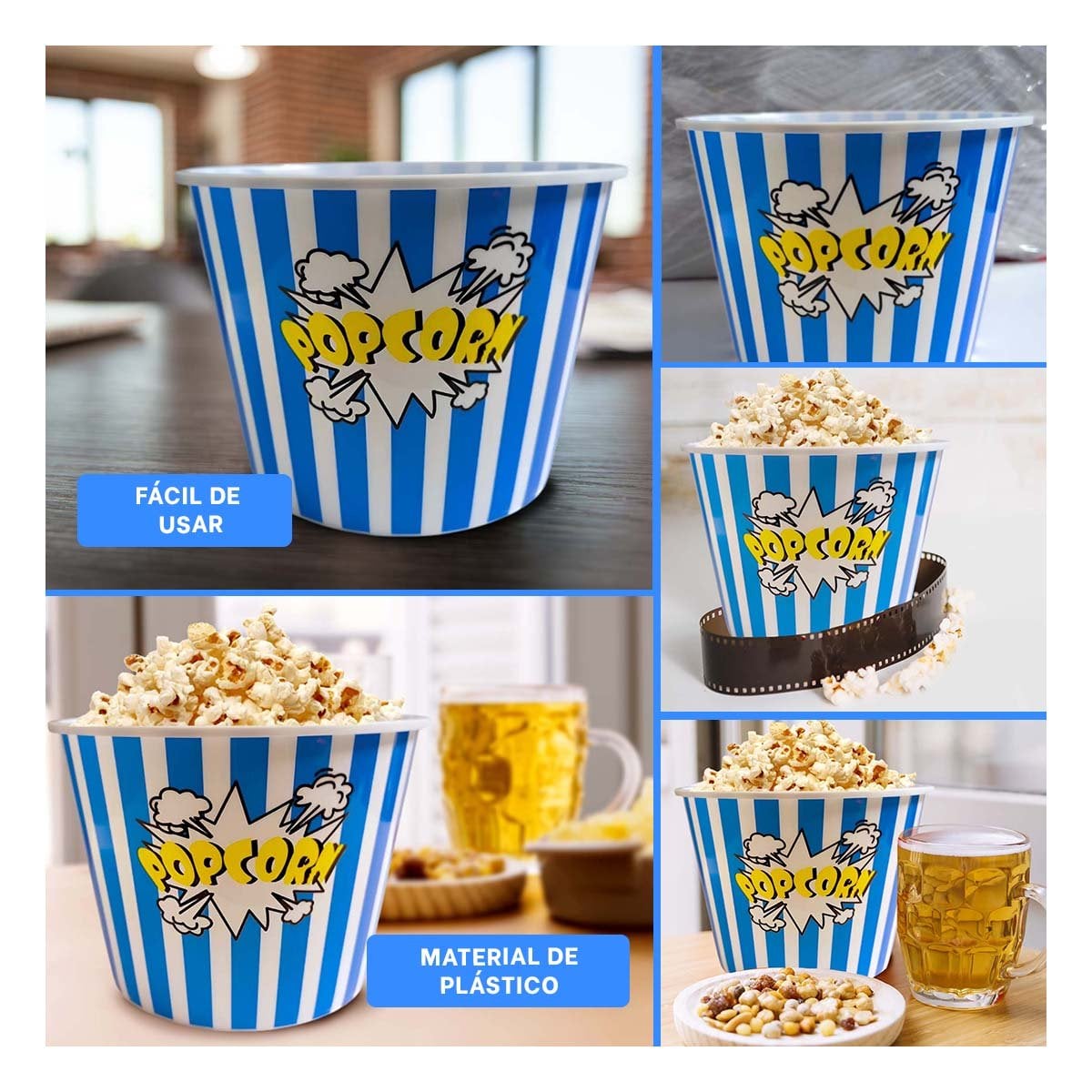 PACK2 RECIPIENTE POPCORN 16X11,6X12CM AZUL PARA CINE Y EVENTOS EN CASA YPAPEL REGALO - 3