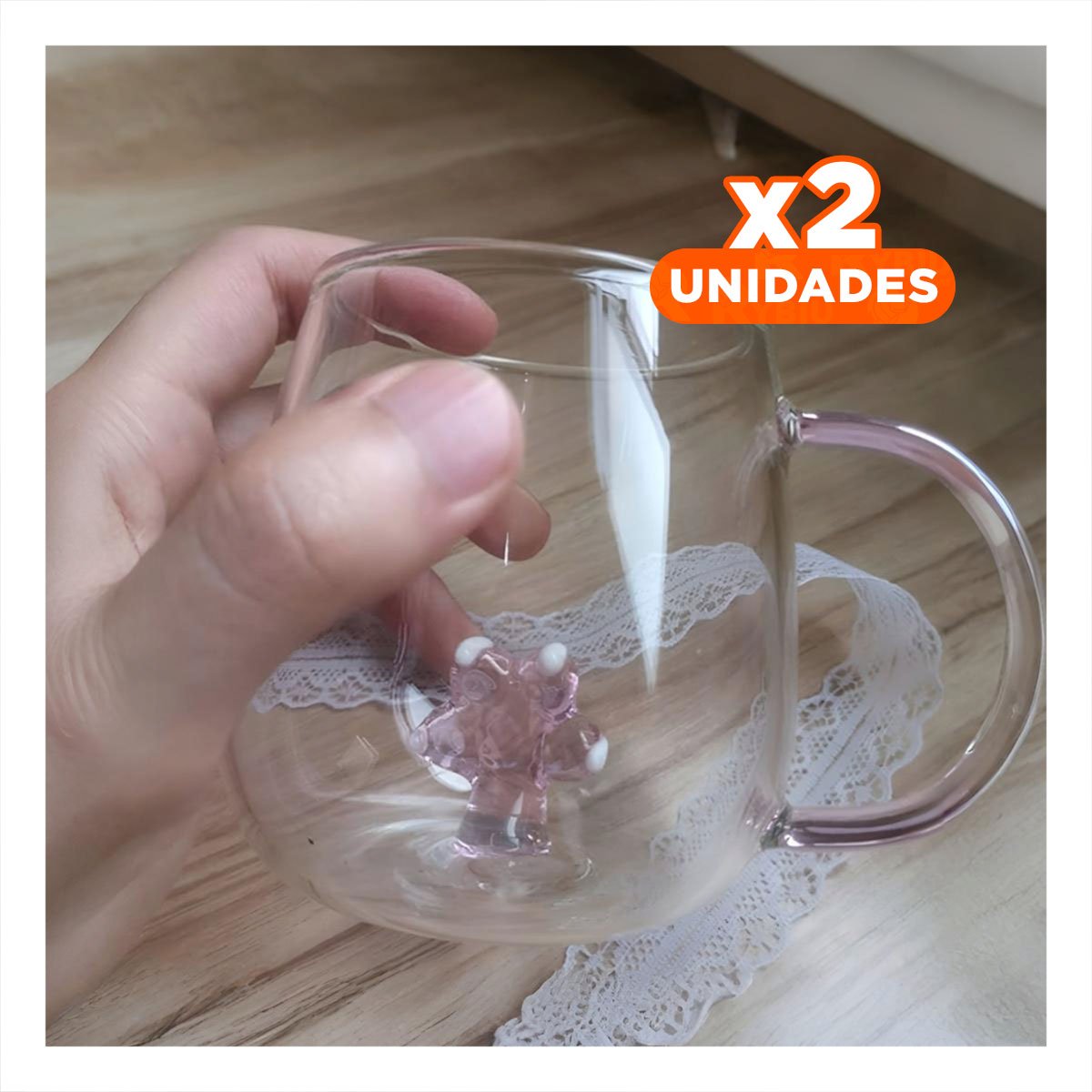 PACK2 VASO BAJO PARA JUGOS NATURALES CON ASA COMODA ROSADA TRANSPARENTE 350 ML Y+PAPEL REGALO - 1