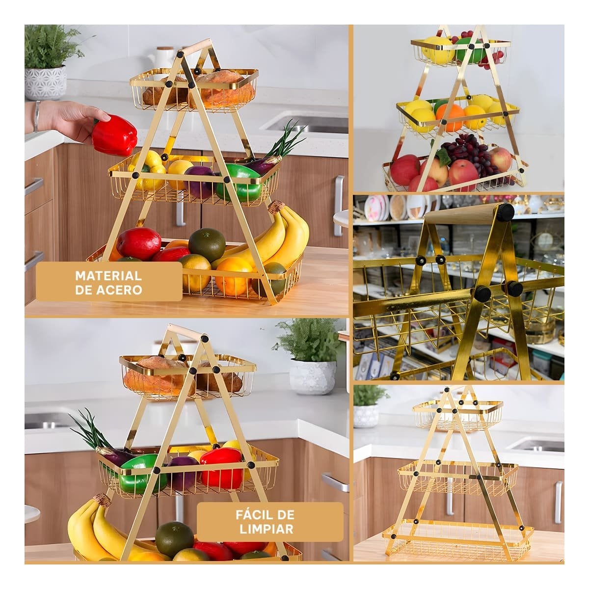 PACK2 SOPORTE TRIANGULAR 3 NIVELES PARA MESA Y COCINA DORADO Y+PAPEL REGALO - 3