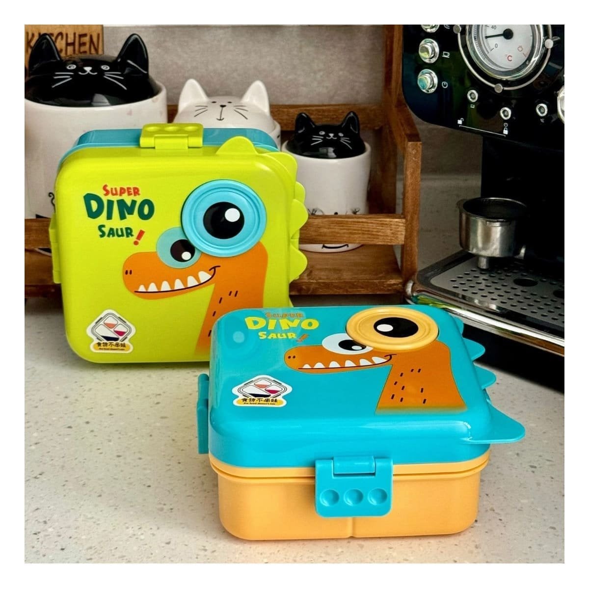 PACK2 CONTENEDOR CUADRADO CON DINOSAURIO PARA PREPARAR LONCHERA 1600ML VERDE Y CELESTE - 3