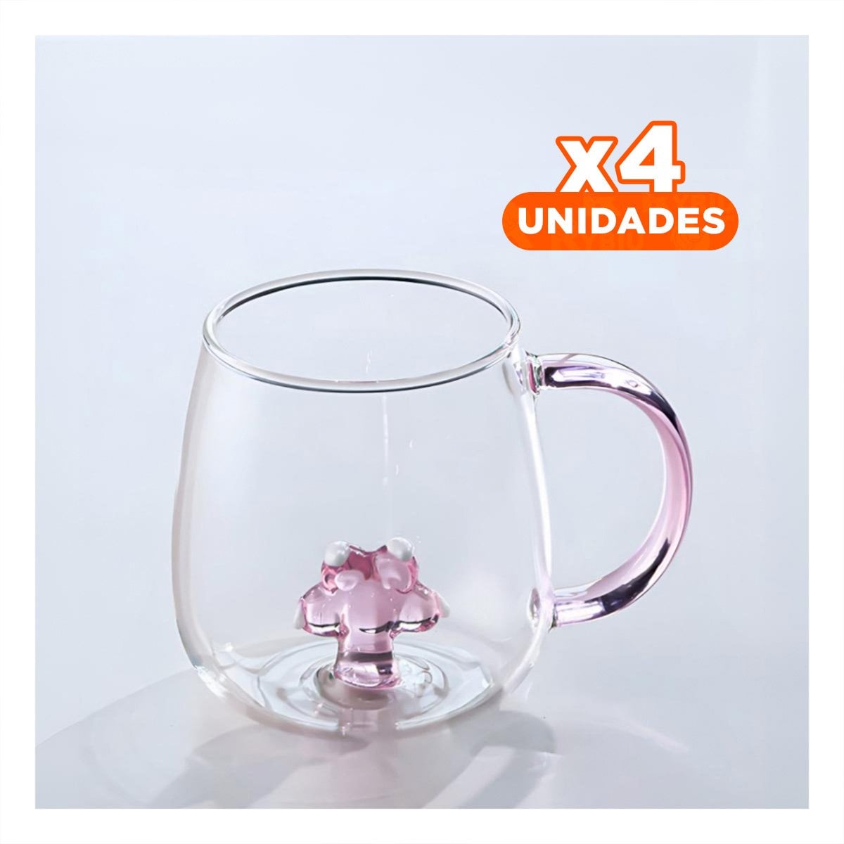 PACK4 MUG PARA BEBIDAS FRIAS CON ASA PRACTICA ROSADA TRANSPARENTE 350 ML Y+REGALO STICKER - 1