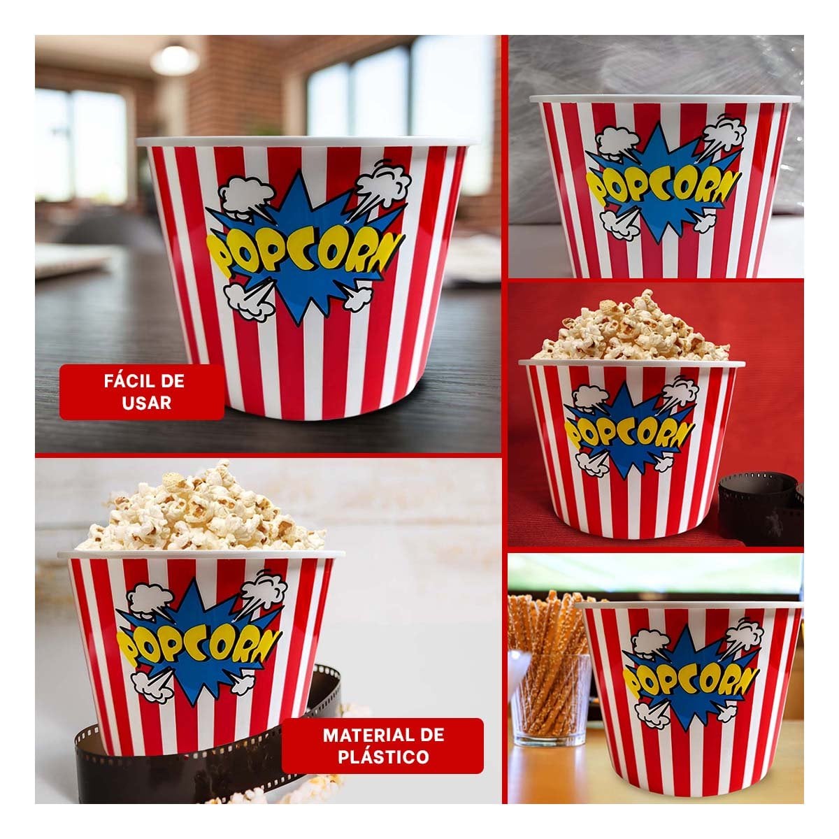 CUBETA VASO POPCORN 16X11,6X12CM ROJO PARA REUNIONES Y CELEBRACIONES YLIGAS REGALO - 1