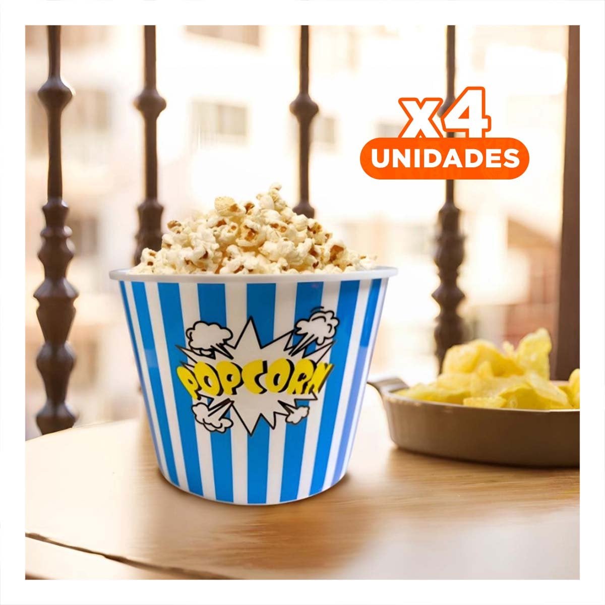 PACK4 BALDE POPCORN 16X11,6X12CM AZUL PARA DULCES Y SNACKS EN FIESTAS YREGALO STICKER - 1