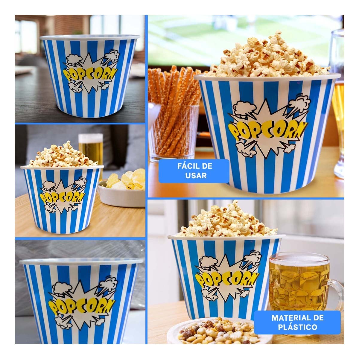 PACK4 BALDE POPCORN 16X11,6X12CM AZUL PARA DULCES Y SNACKS EN FIESTAS YREGALO STICKER - 2