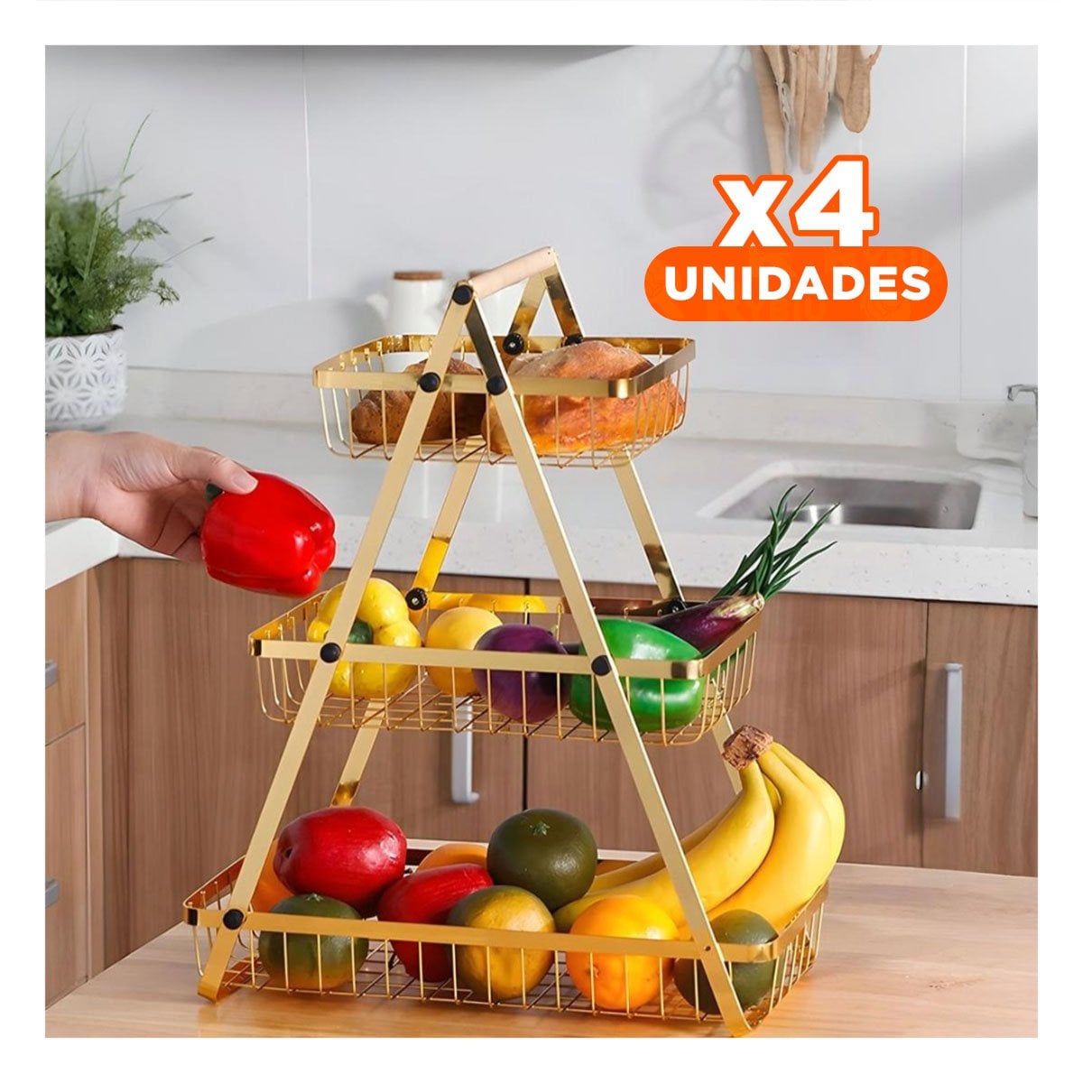 PACK4 SOPORTE TRIANGULAR 3 NIVELES PARA COCINA Y MESA DORADO Y+PAPEL REGALO - 1
