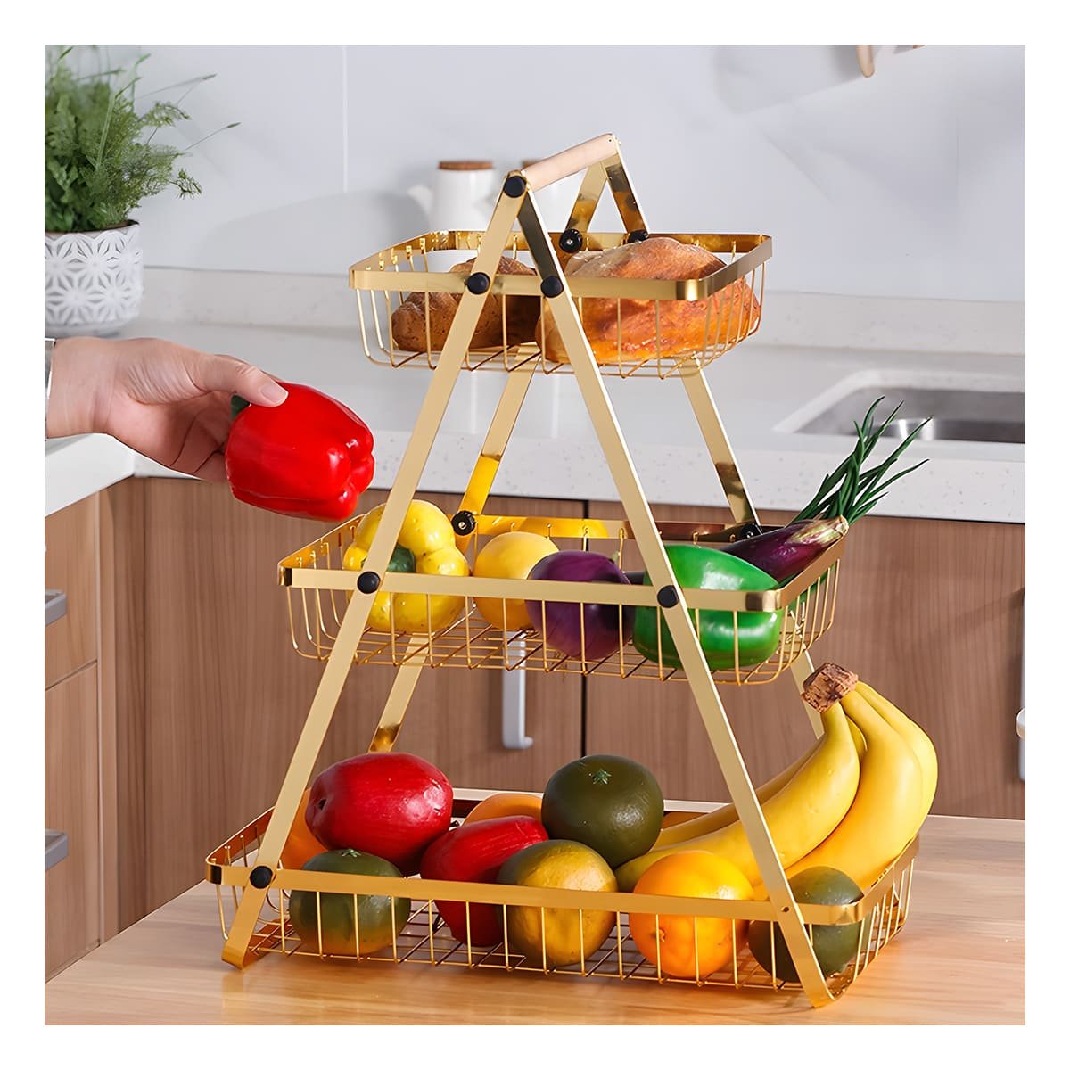 PACK4 SOPORTE TRIANGULAR 3 NIVELES PARA COCINA Y MESA DORADO Y+PAPEL REGALO - 2