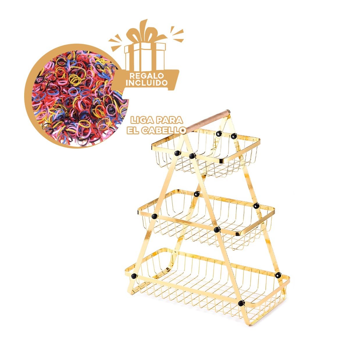 FRUTERO TRIANGULAR 3 NIVELES PARA HOGAR Y COCINA DORADO Y+LIGAS REGALO - 2