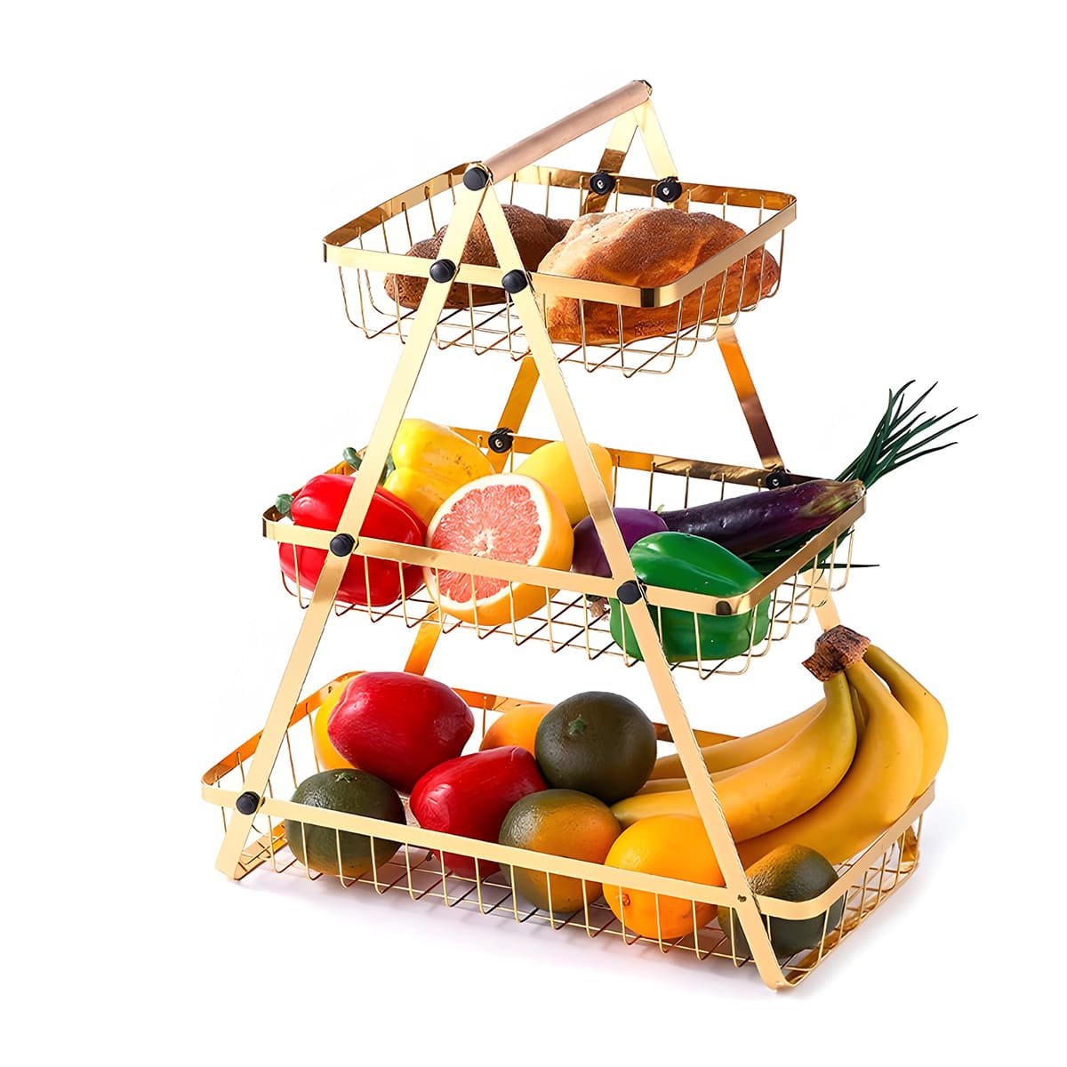 FRUTERO TRIANGULAR 3 NIVELES PARA HOGAR Y COCINA DORADO Y+LIGAS REGALO - 5