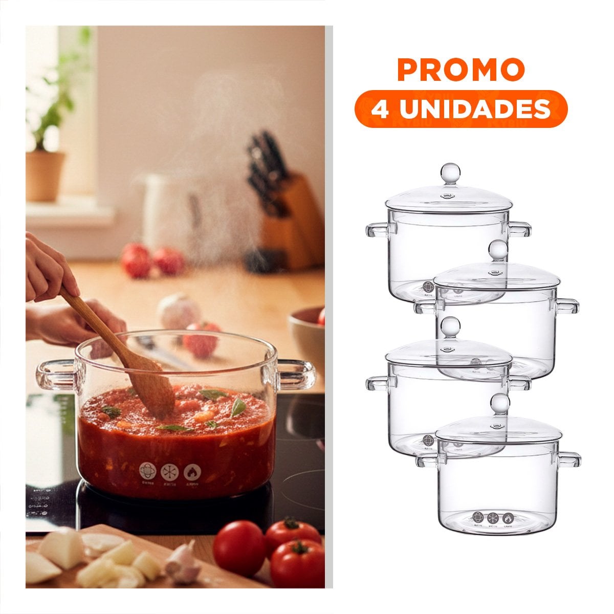 PACK4 CASEROLA PARA COCINA DIARIA Y RECETAS FAMILIARES TRANSPARENTE 1500 ML - 1