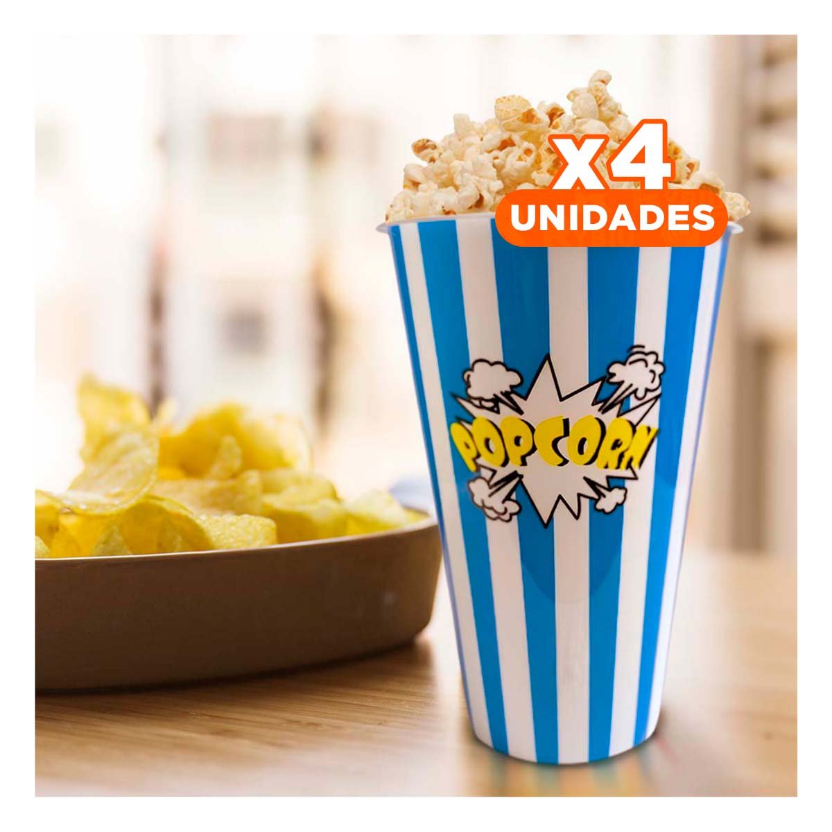 PACK4 BALDE POPCORN 11,3X17X6,9CM AZUL PARA DULCES Y SNACKS EN FIESTAS YREGALO STICKER - 1