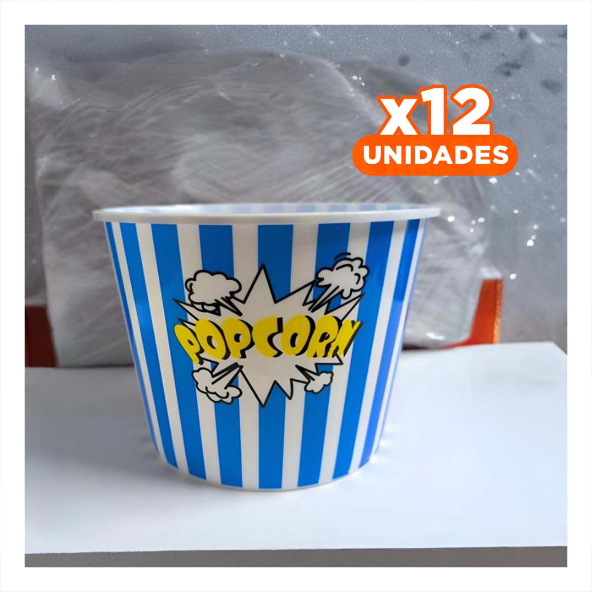 PACK12 CUBO POPCORN 16X11,6X12CM AZUL PARA CINE Y EVENTOS EN CASA YREGALO STICKER - 1