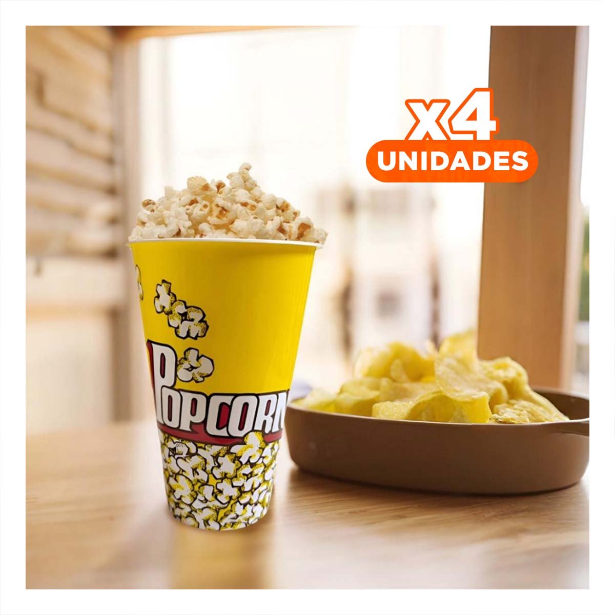 PACK4 BALDE POPCORN 11,3X17X6,9CM AMARILLO PARA DULCES Y SNACKS EN FIESTAS YREGALO STICKER - 1