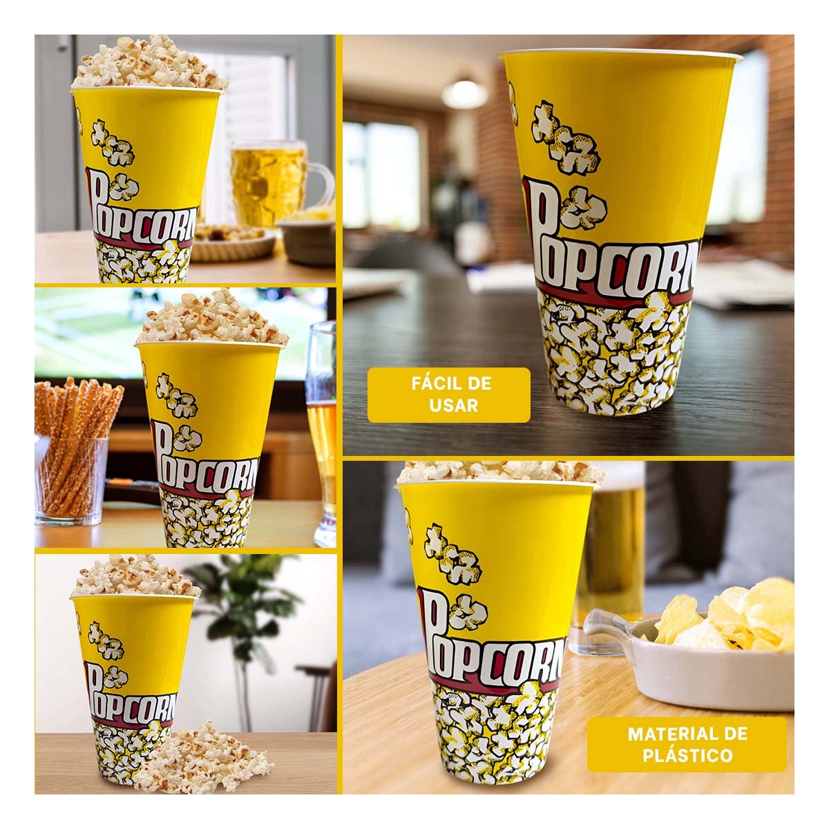 PACK4 BALDE POPCORN 11,3X17X6,9CM AMARILLO PARA DULCES Y SNACKS EN FIESTAS YREGALO STICKER - 2