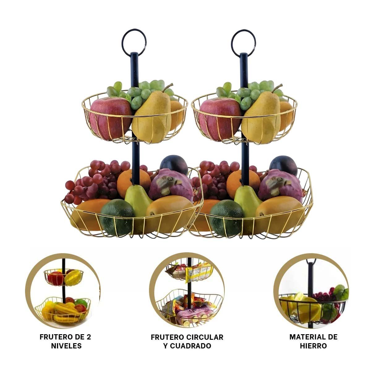 FRUTERO MODERNO CON BASE CIRCULAR Y CUADRADA PARA FRUTAS FRESCAS DORADO Y+POST IT - 5