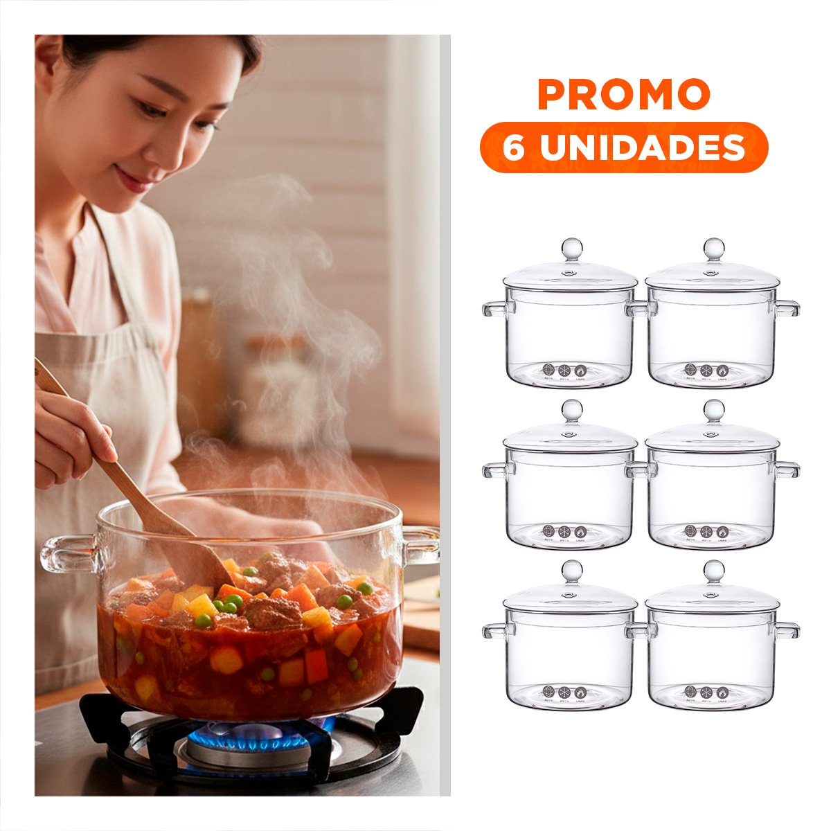 PACK6 ARTICULO PARA COCINA DIARIA Y COMIDAS CASERAS TRANSPARENTE 1500 ML Y+REGALO STICKER - 1