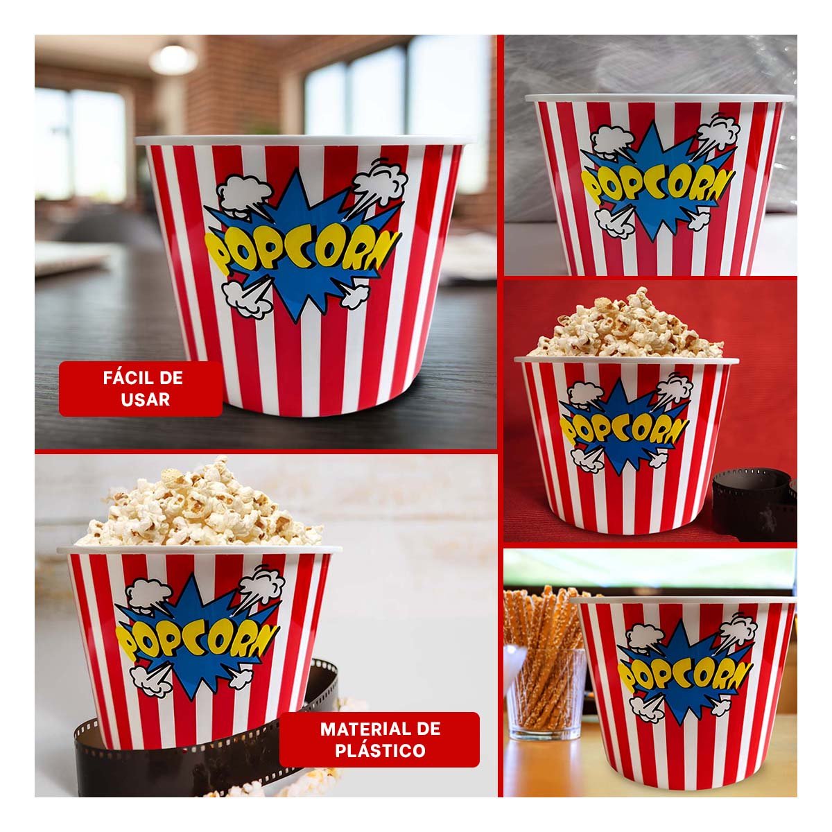 PACK6 BALDE POPCORN 16X11,6X12CM ROJO CON DISENO PRACTICO Y FUNCIONAL YPAPEL REGALO - 3