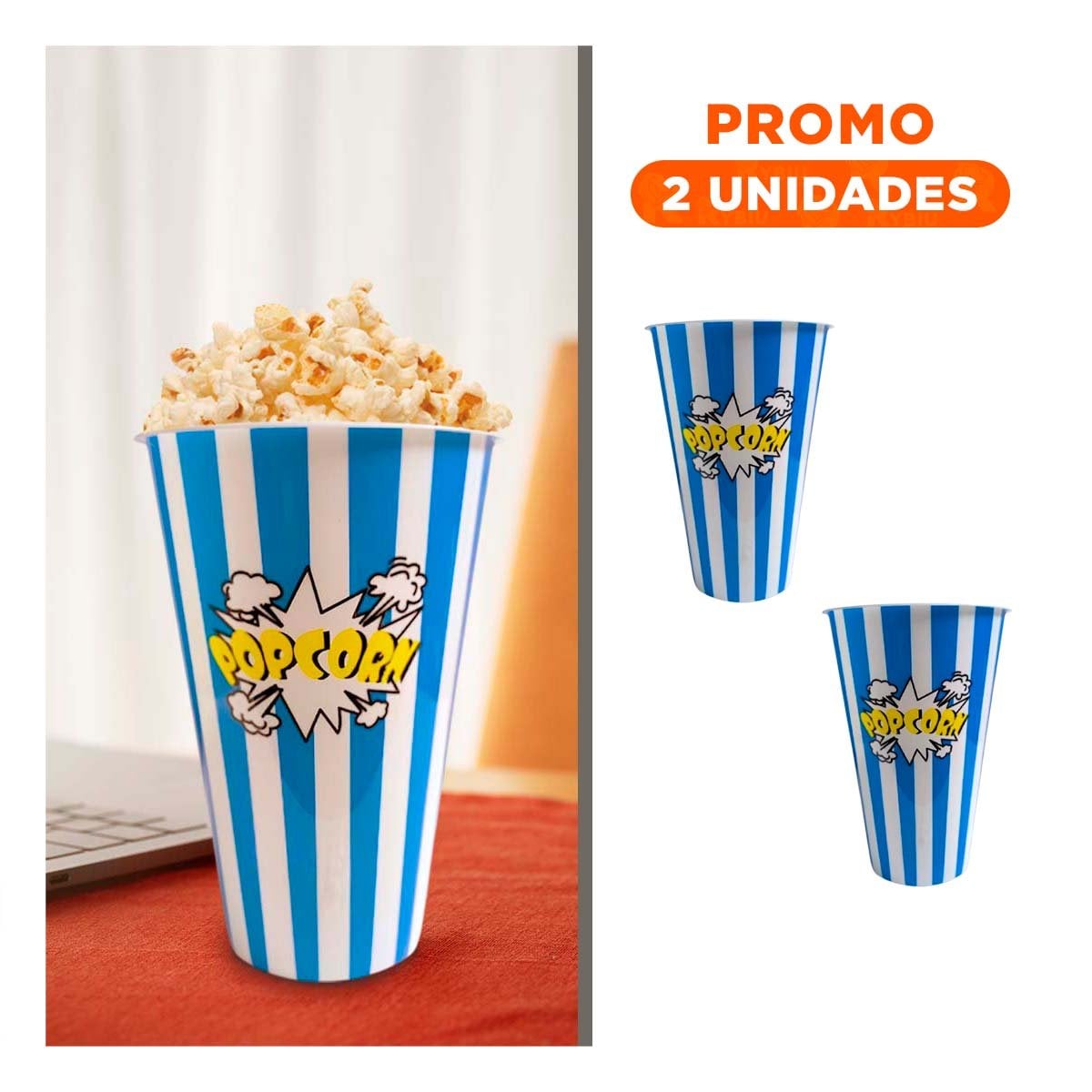 PACK2 RECIPIENTE POPCORN 11,3X17X6,9CM AZUL CON DISENO PRACTICO Y FUNCIONAL YREGALO STICKER - 1