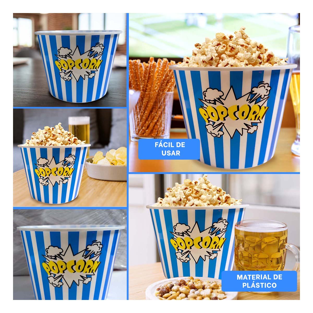 CUBETA VASO POPCORN 16X11,6X12CM AZUL PARA SERVIR PALOMITAS Y DULCES YPOST IT - 2