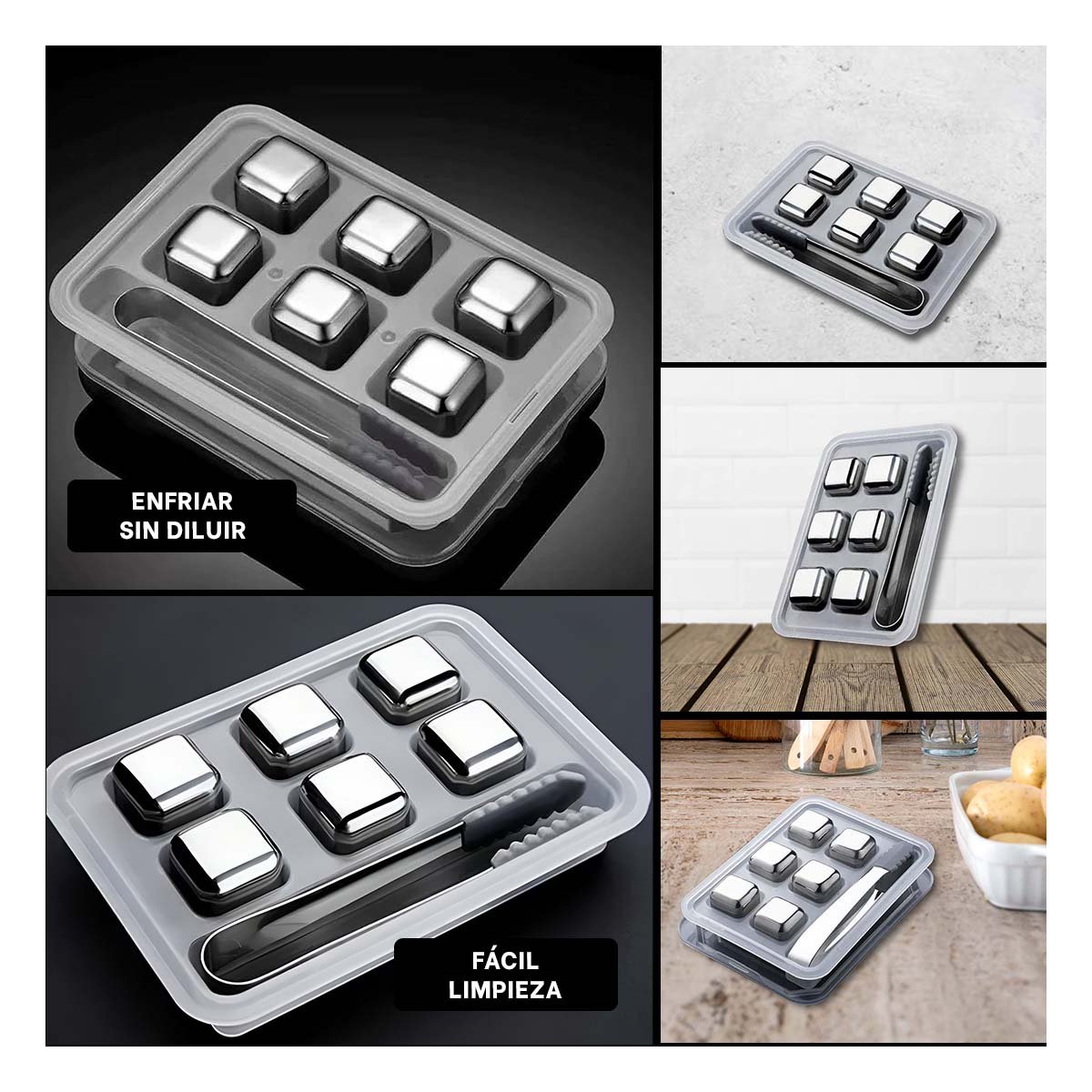 SET DE 6 CUBOS DE HIELO DE ACERO CON PINZA PARA BEBIDAS Y USO EN CASA YPAPEL REGALO - 3