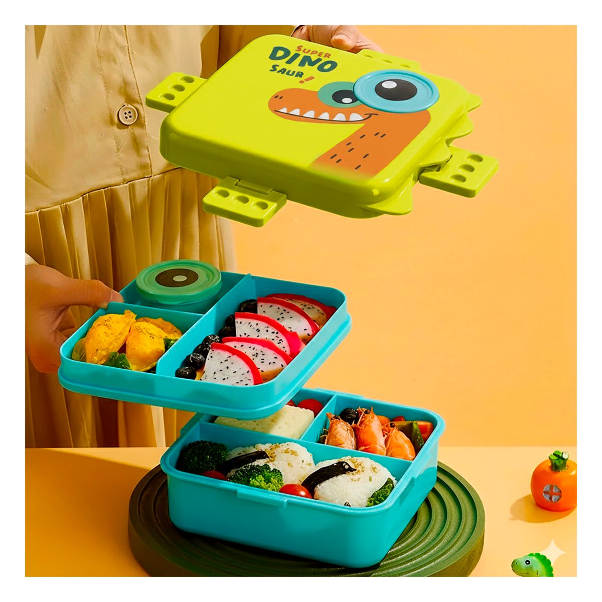 PACK4 RECIPIENTE CUADRADO PARA COMIDA DEL DIA 1600ML VERDE Y CELESTE Y+REGALO STICKER - 5