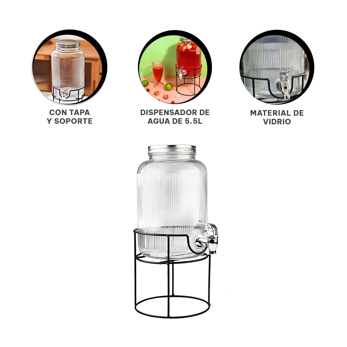 DISPENSADOR DE BEBIDA PARA AGUA FRESCA NEGRO Y TRANSPARENTE 5,5L Y+PAPEL REGALO - 5