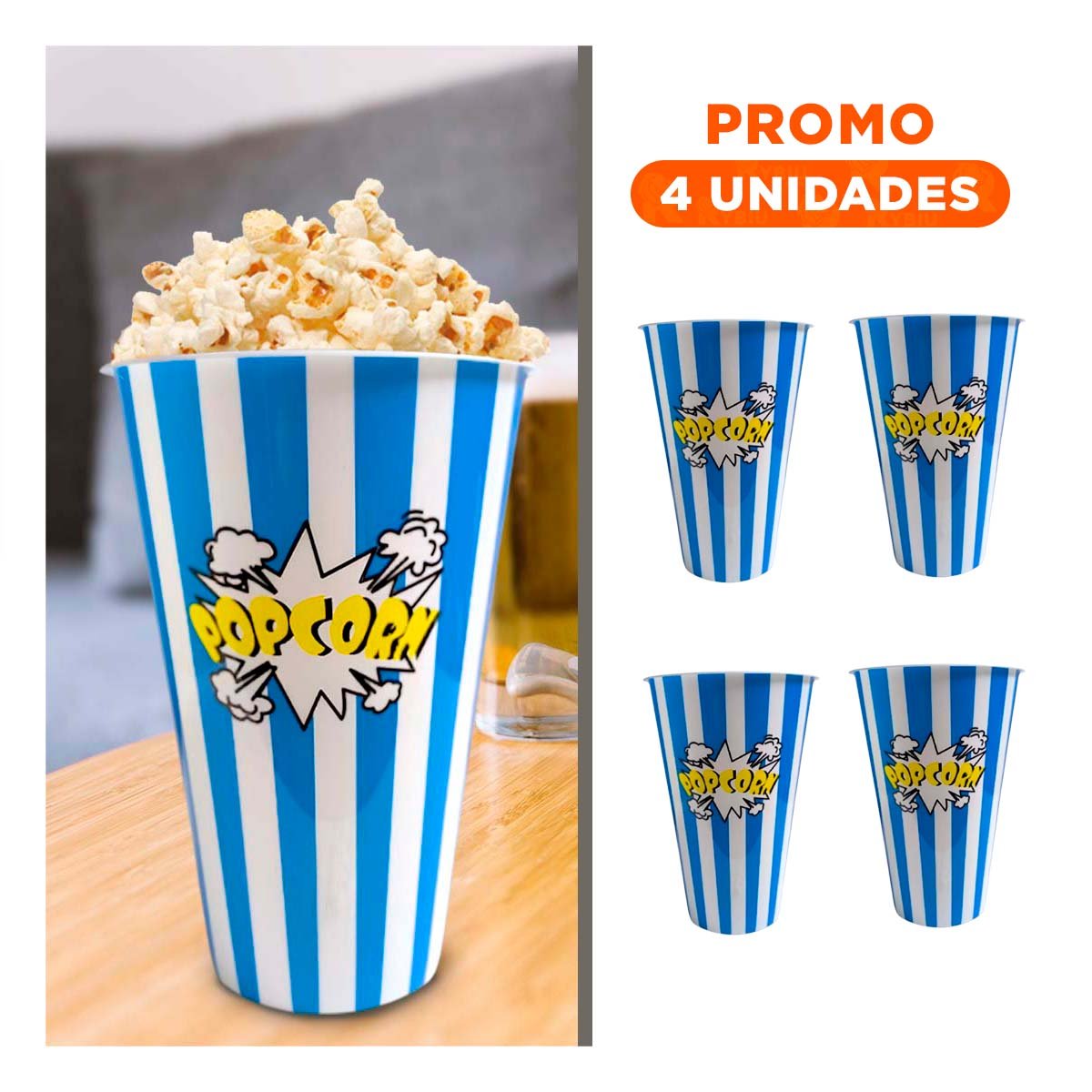 PACK4 RECIPIENTE POPCORN 11,3X17X6,9CM AZUL PARA REUNIONES Y CELEBRACIONES - 1