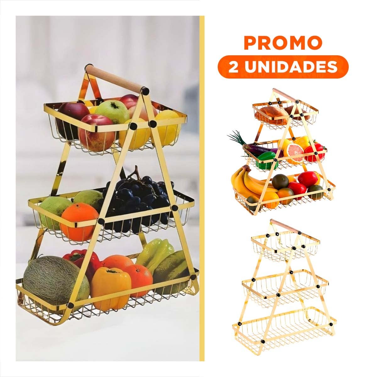 PACK2 SOPORTE TRIANGULAR 3 NIVELES PARA FRUTAS Y SNACKS DORADO Y+REGALO STICKER - 1