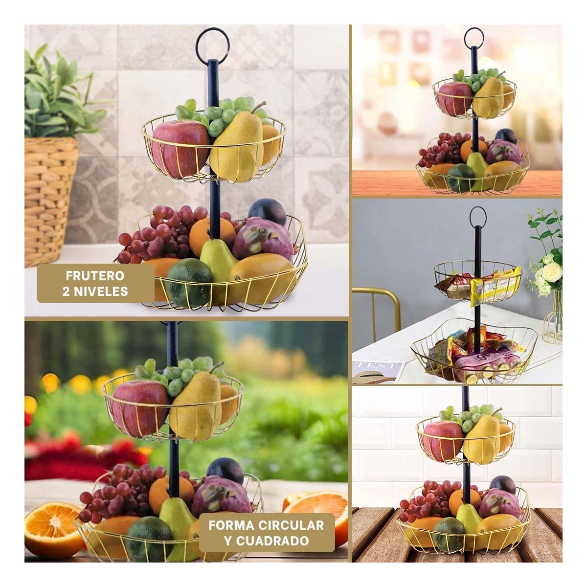 FRUTERO COMPACTO DE 2 NIVELES IDEAL PARA COCINA Y SALA DORADO Y+LIGAS REGALO - 1